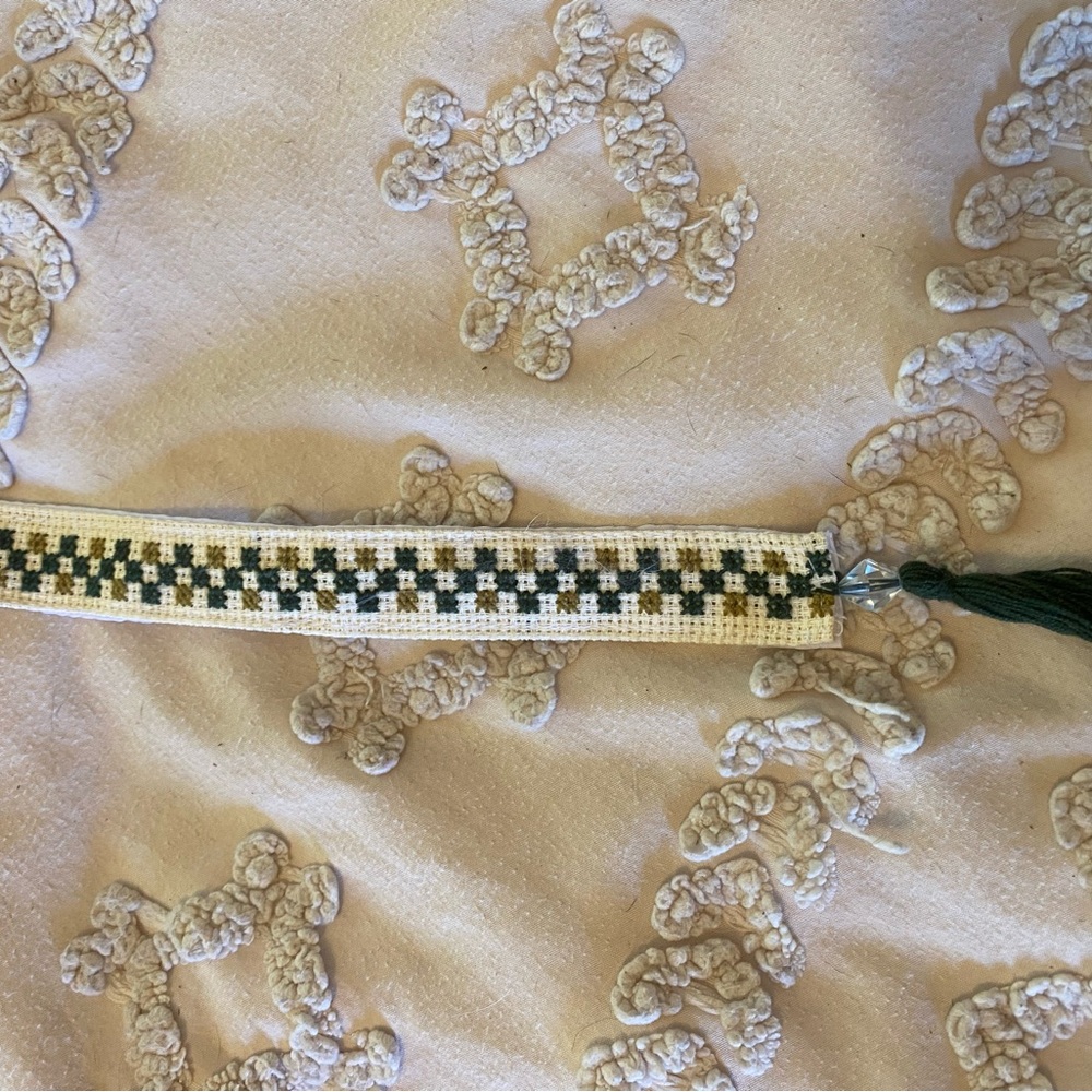 Handwoven Green and Cream Bookmark with Tassel